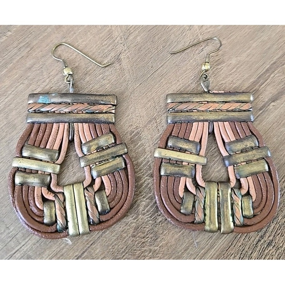 VTG Leather/Brass Egyptian Revival Style Wide Drop Statement Earrings VGUC